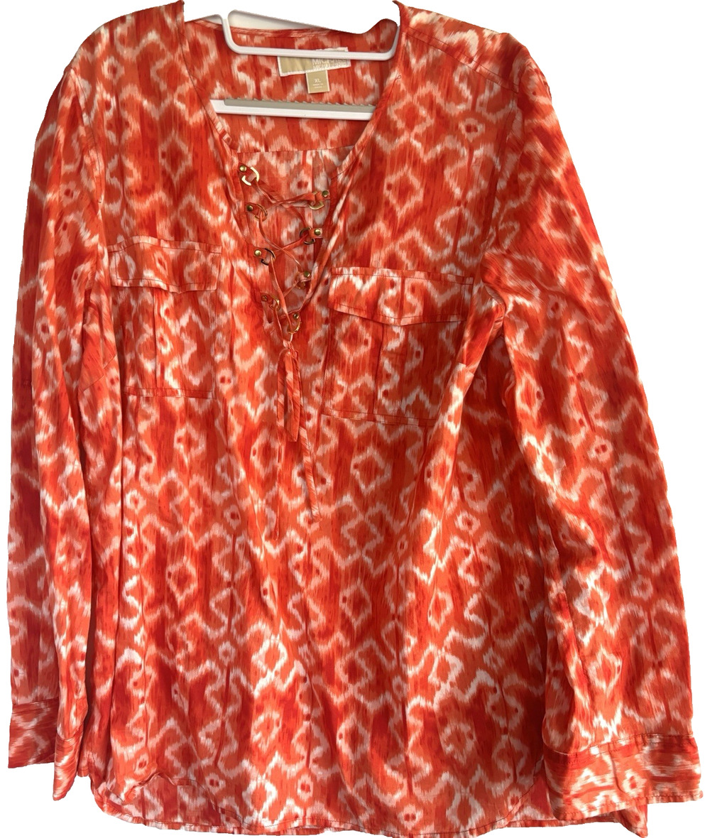 Michael Kors Tunic Top XL Orange Blouse Casual Tie Front Boho Geometric Cotton